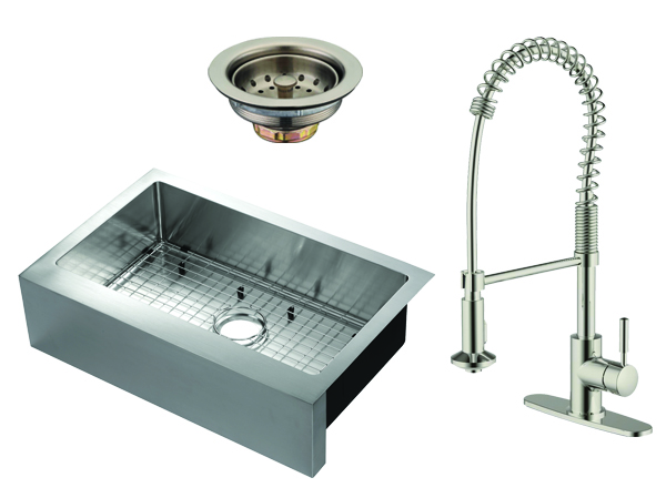 SINGLE BOWL SINK WITH BRUSHED NICKEL FAUCET AND STAINLESS STEEL BASKET
