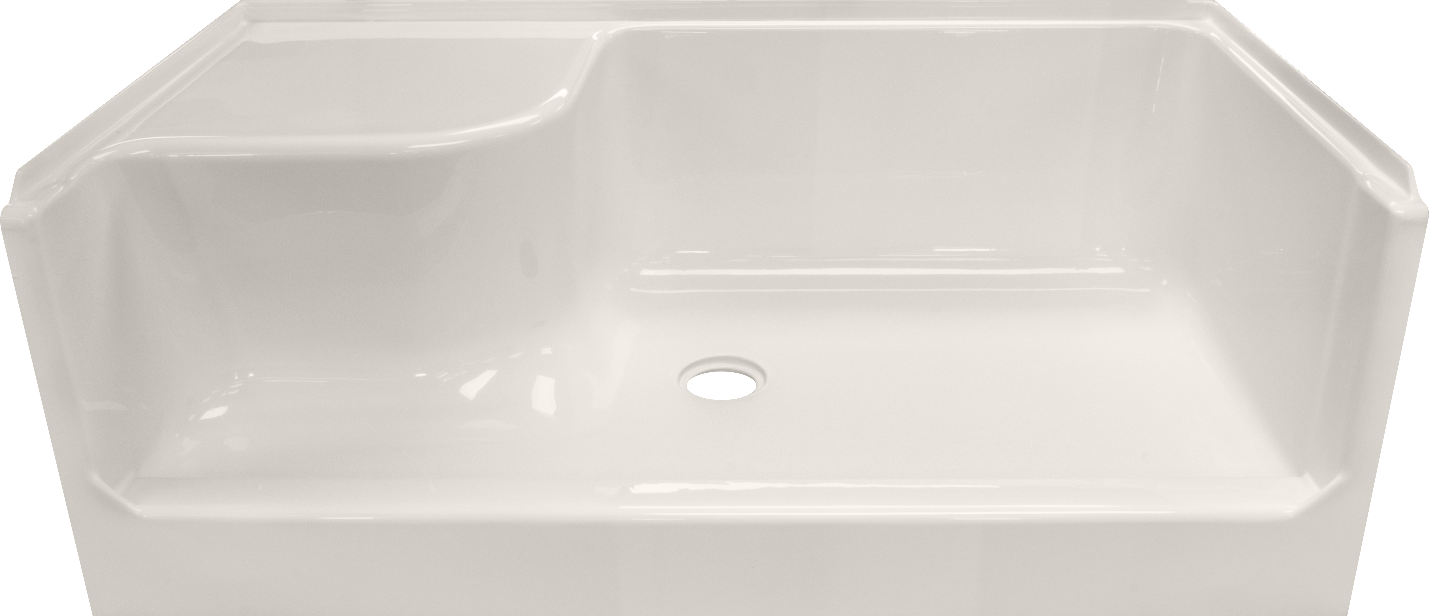 54x27x19  ACRYLIC VICTORY LEFT SEAT SHOWER BASE CENTER DRAIN - BISCUIT